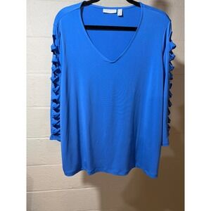 Susan Graver Royal Blue V Neck 3/4 Cutout Sleeve Tunic Top with Women's Plus 1X